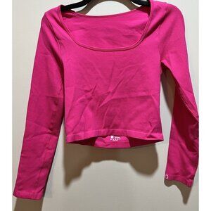 Women's Ribbed Long Sleeve Slim Fit Crop Top ~ Size Large ~ Bright Pink